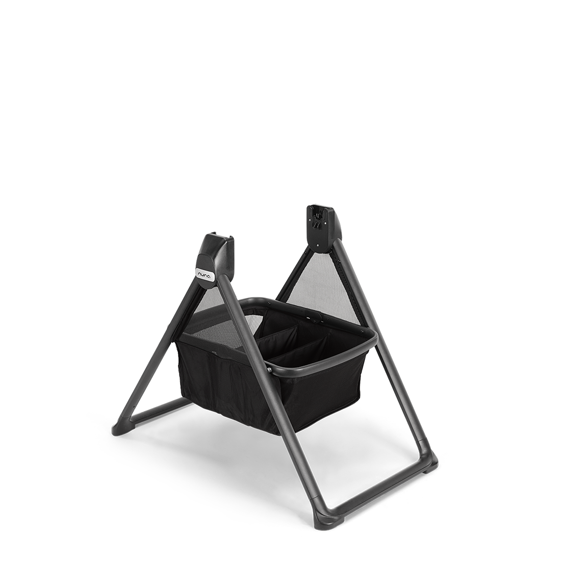 Nuna MIXX Series Stand — empty bassinet stand three-quarter view with storage basket