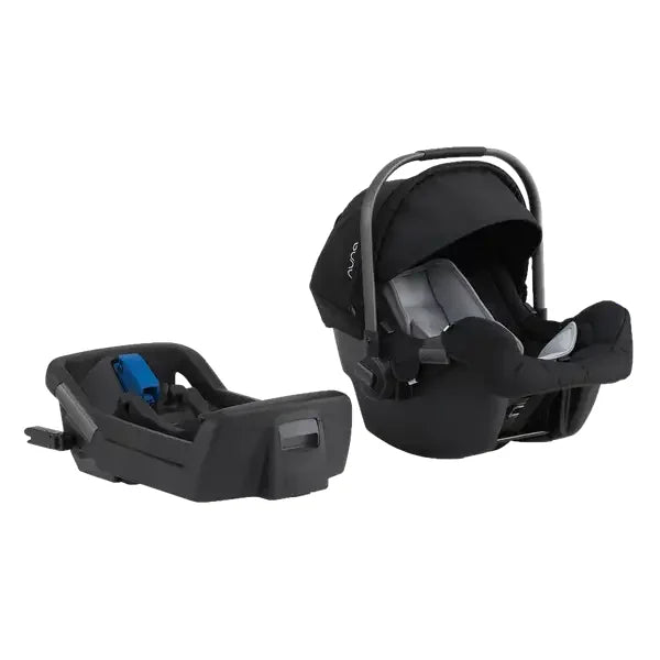 Nuna PIPA Infant Car Seat Base showing black infant car seat and base separated in three-quarter view
