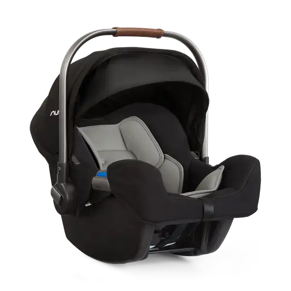 Nuna PIPA Infant Car Seat in Caviar - front three-quarter view with canopy