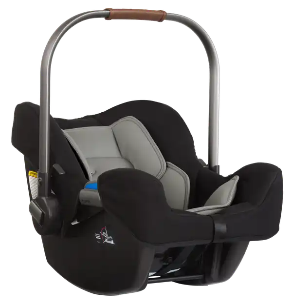 Nuna PIPA Infant Car Seat in Caviar - front three-quarter view with handle raised