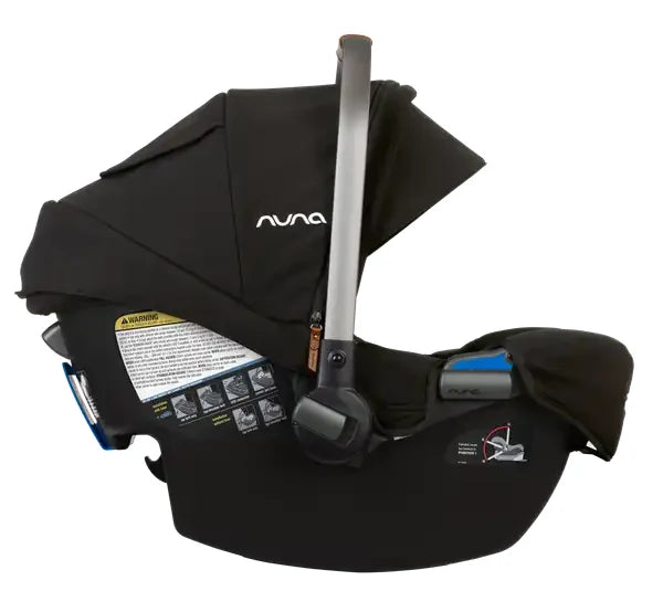 Nuna PIPA Infant Car Seat showing in Caviar - left-side profile with canopy