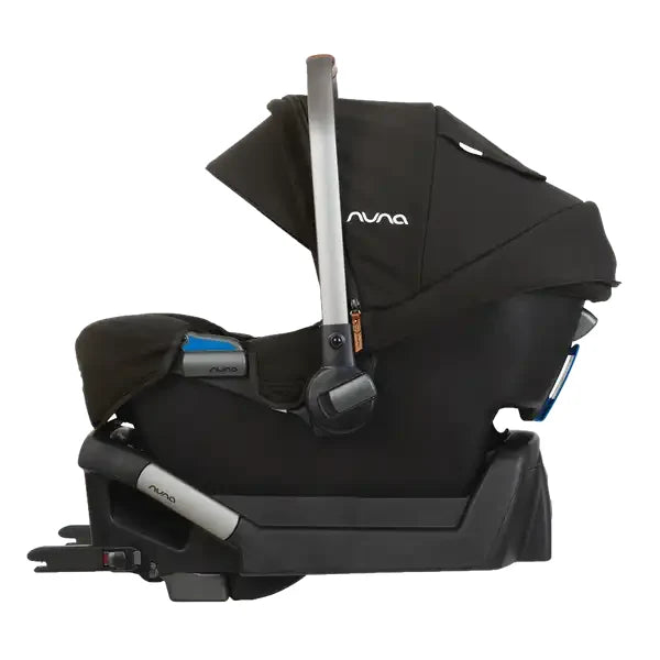 Nuna PIPA Infant Car Seat showing in Caviar - right-side view installed on the True lock base