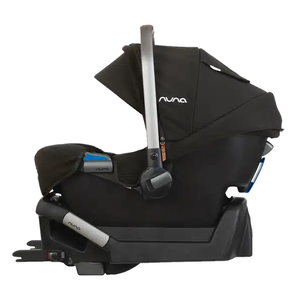 Nuna PIPA Infant Car Seat in Caviar - right-side view installed on the True lock base
