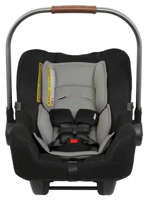 Nuna PIPA Infant Car Seat in Caviar - straight-on front view with handle raised
