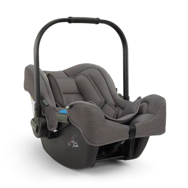 Nuna PIPA Infant Car Seat in Pewter - front three-quarter view with handle raised