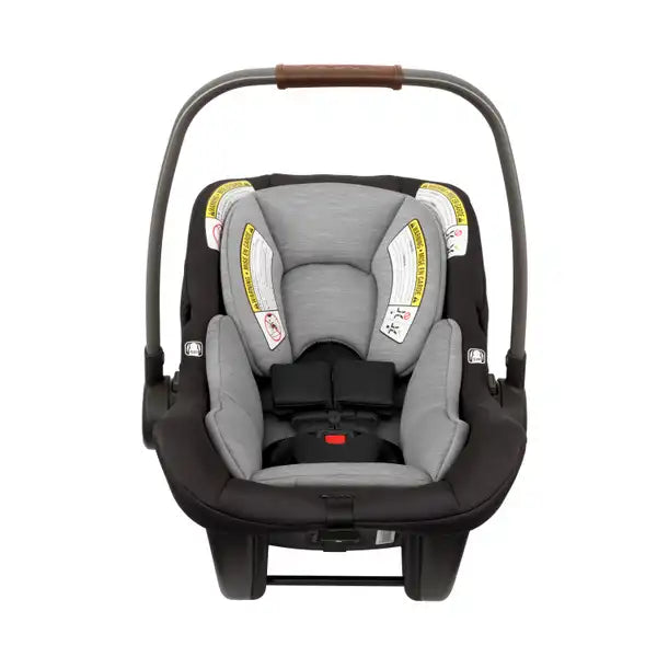 Nuna PIPA lite Infant Car Seat in Caviar - straight-on front view with handle raised