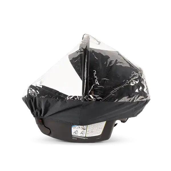 Nuna PIPA Series Rain Cover fitted over an infant car seat, side view