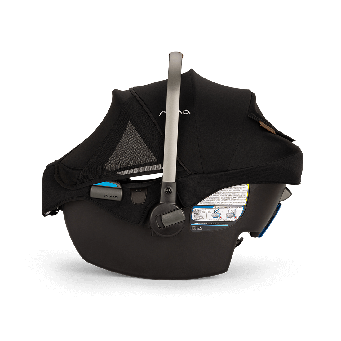 Nuna TAVO next PIPA Travel System — black infant car seat side view with canopy extended