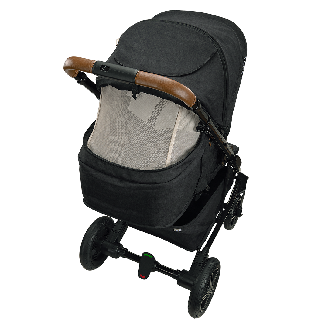 Nuna TAVO next PIPA Travel System — black stroller rear view with mesh panel open