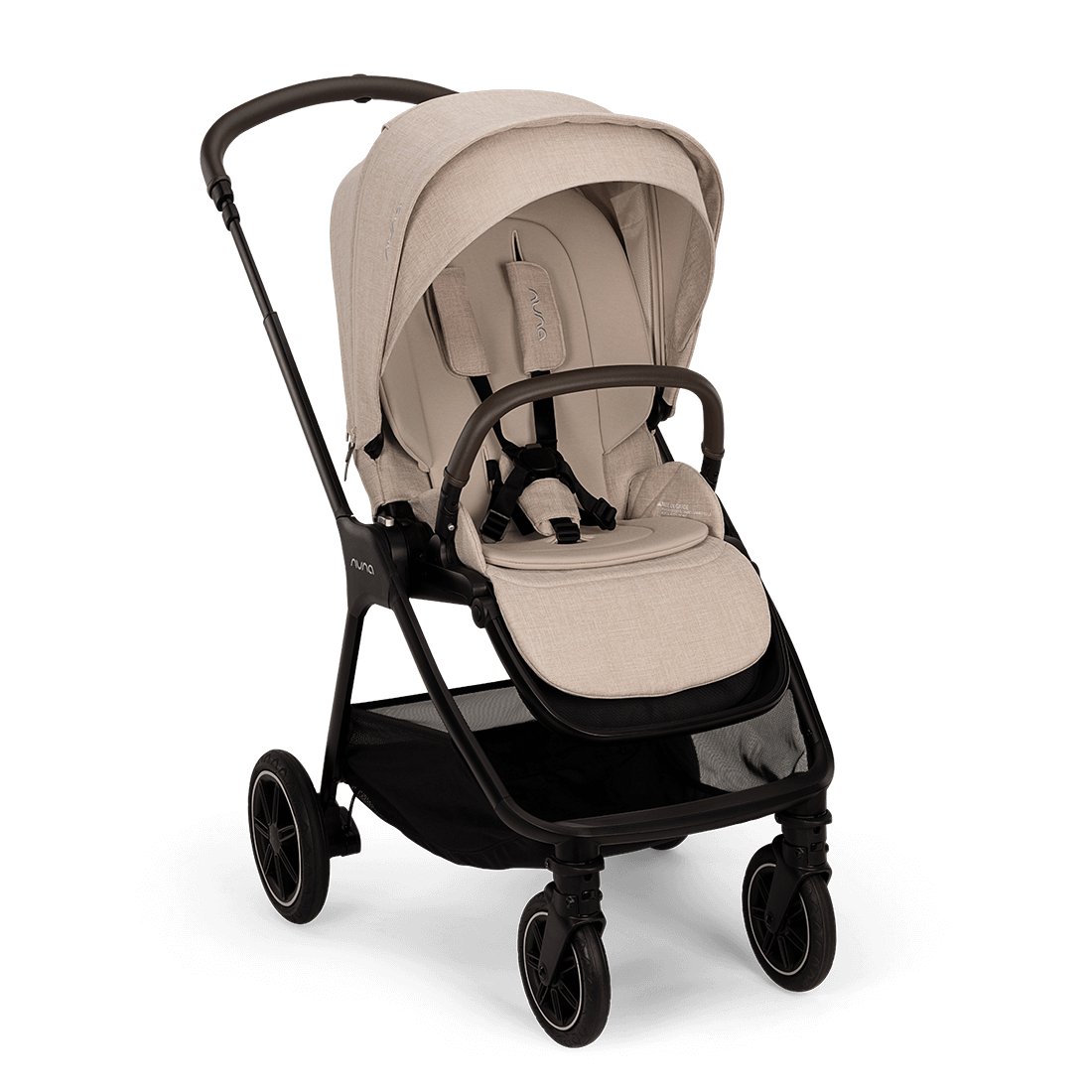Nuna TRIV next Stroller — Biscotti angled front view on black