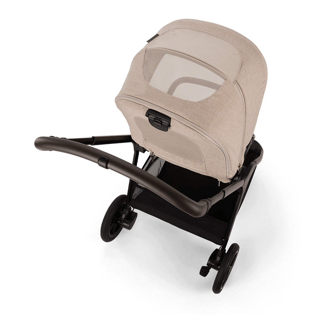 Nuna TRIV next Stroller — Biscotti canopy peek-a-boo window from rear