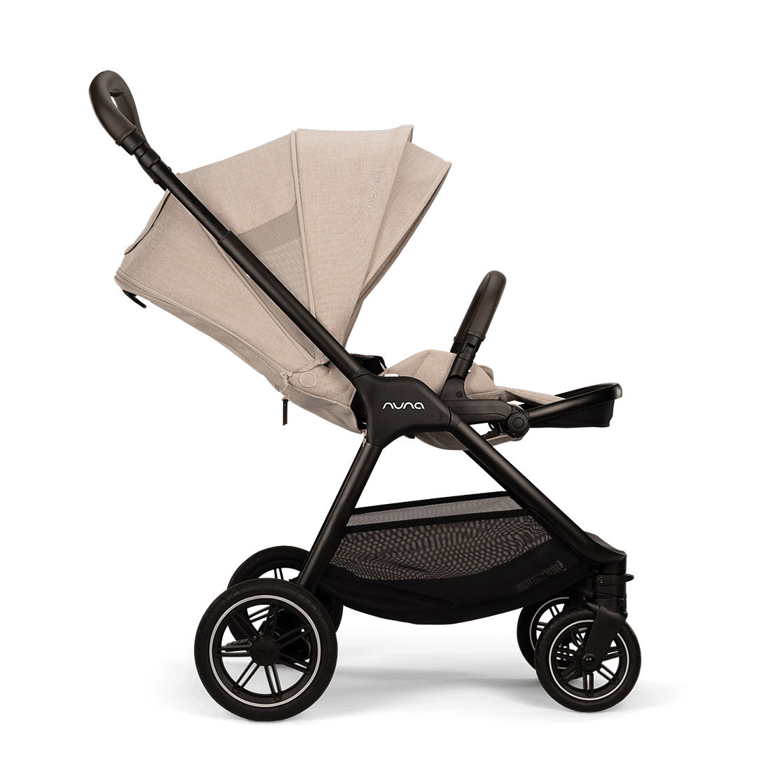 Nuna TRIV next Stroller — Biscotti forward-facing deep recline with canopy extended