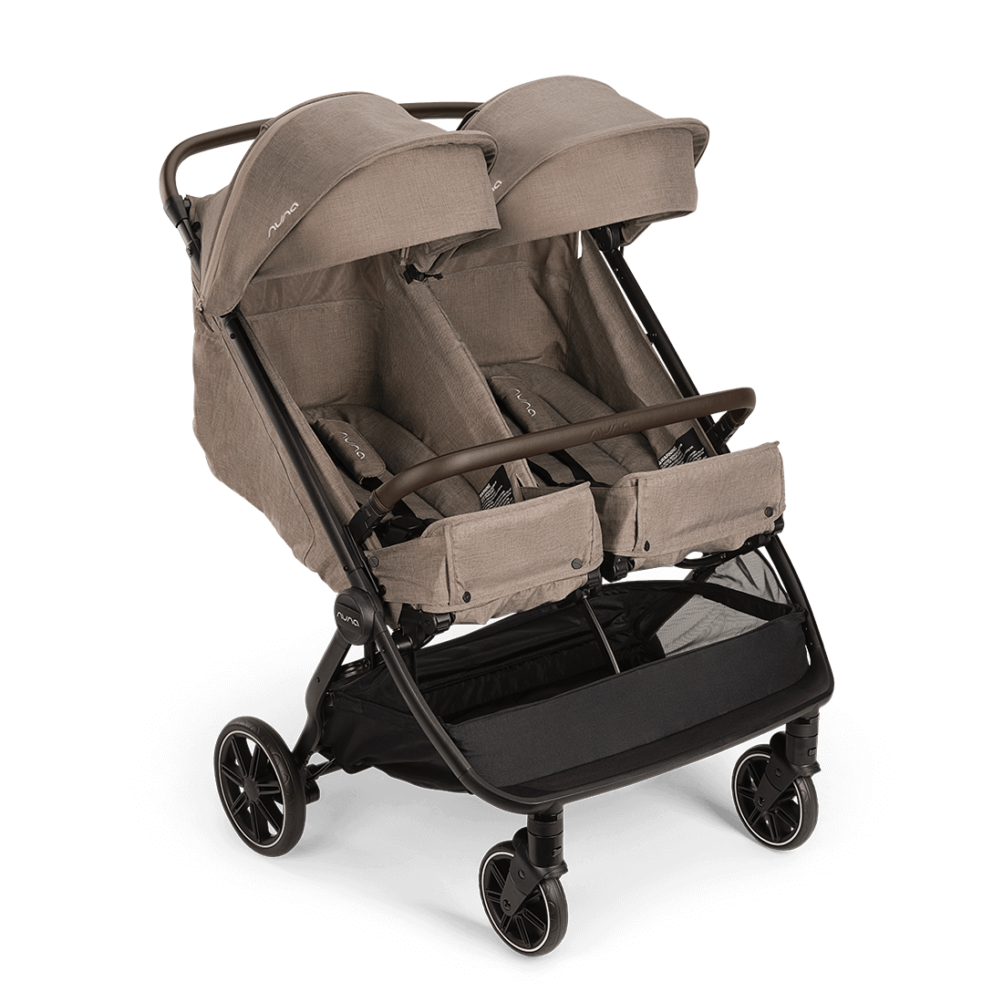 Nuna TRVL dubl Stroller — Cedar angled view with one seat reclined