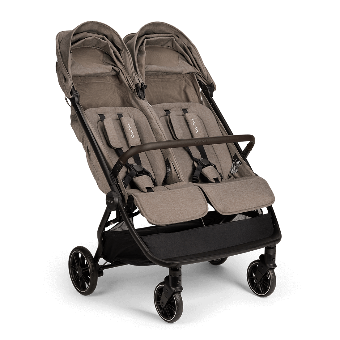 Nuna TRVL dubl Stroller — Cedar front angle with canopies extended