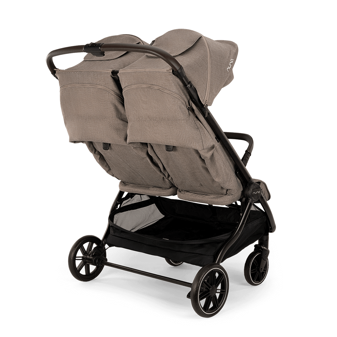 Nuna TRVL dubl Stroller — Cedar rear angle with independent canopies