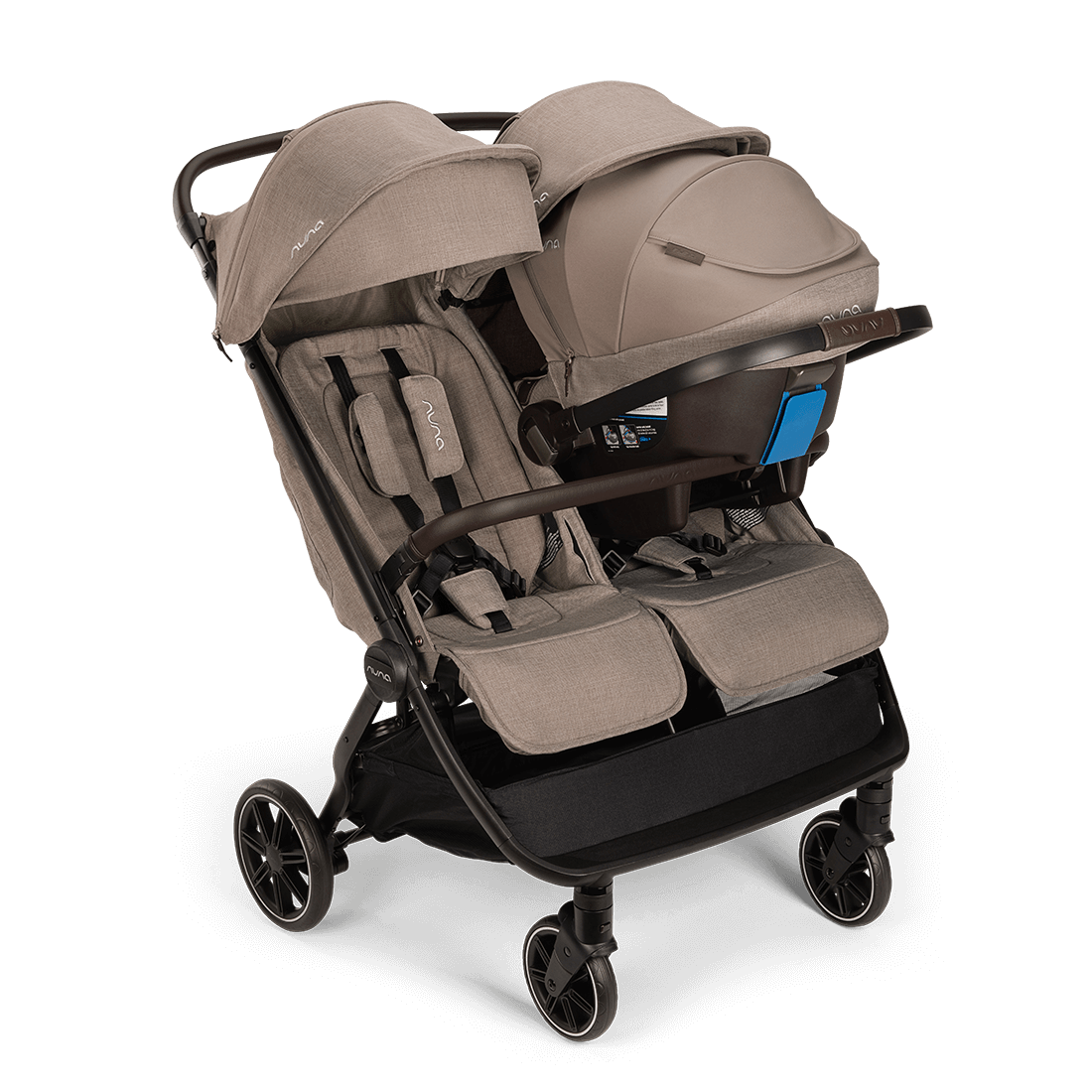 Nuna TRVL dubl Stroller — Cedar stroller with PIPA car seat attached