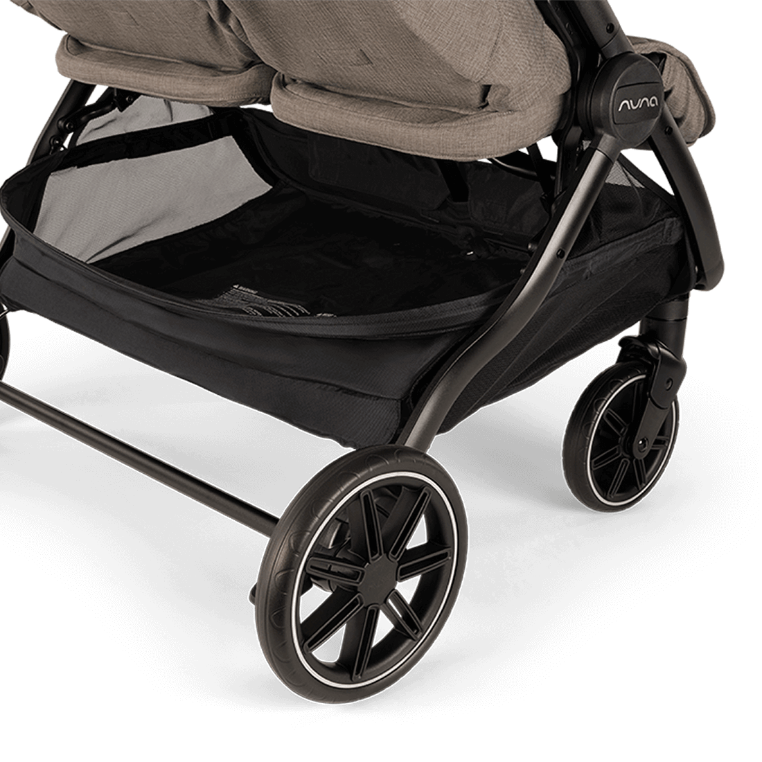 Nuna TRVL dubl Stroller — Cedar underseat basket and rear wheels