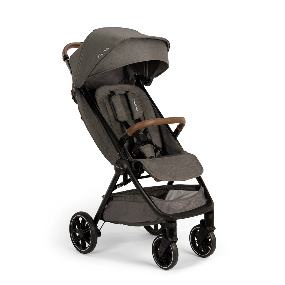 Nuna TRVL LX stroller in Granite, three-quarter front view