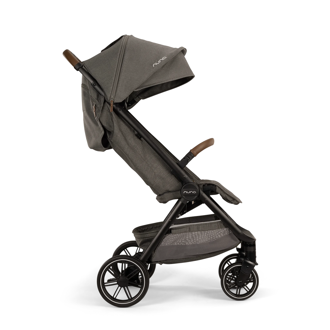 Nuna TRVL LX stroller in Granite, side profile with canopy open
