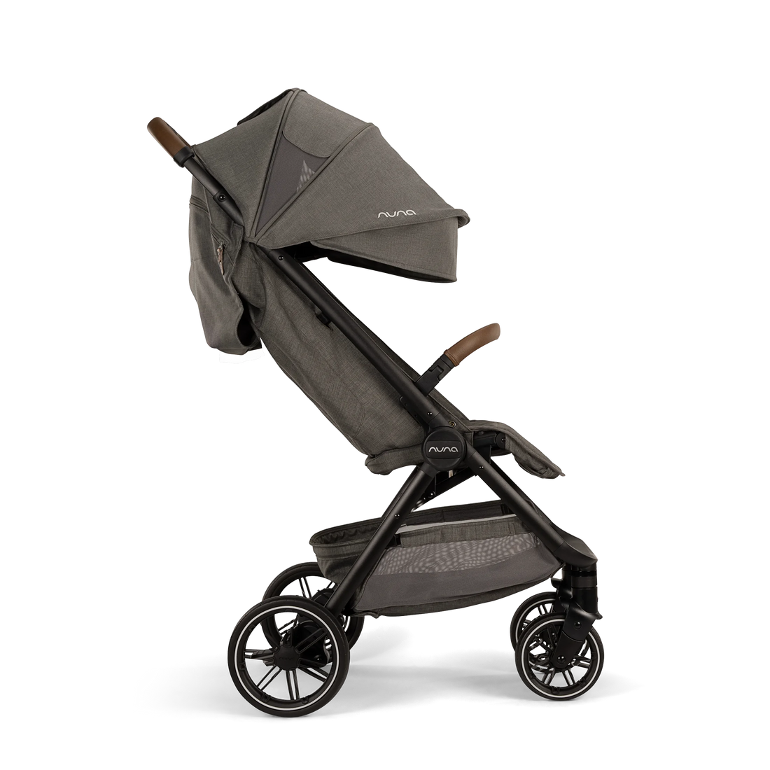 Nuna TRVL LX stroller in Granite, side profile with canopy extended