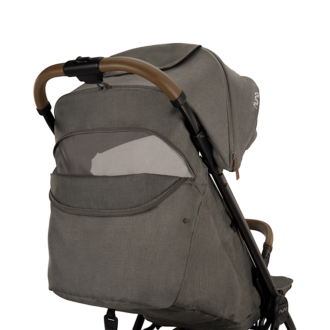 Nuna TRVL LX stroller in Granite, rear view of canopy and seat