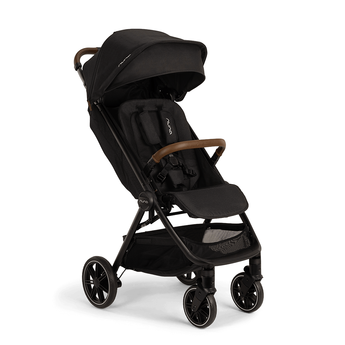 Nuna TRVL lx Stroller — Caviar angled front view on black