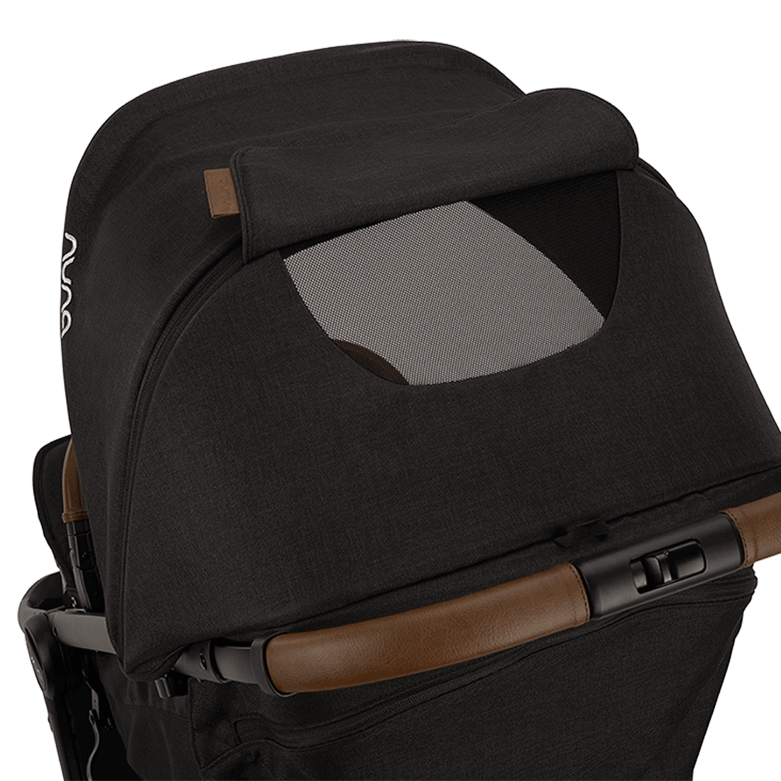 Nuna TRVL lx Stroller — Caviar canopy panel opened by hand