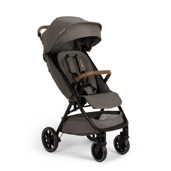 Nuna TRVL lx Stroller — Caviar stroller angled with canopy extended