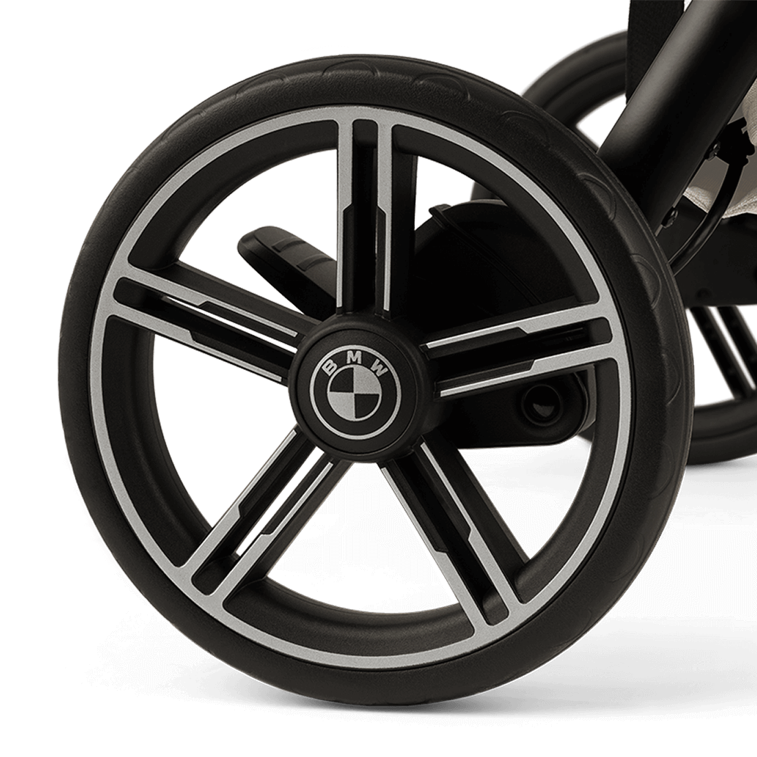 Nuna TRVL lx Stroller — Mica BMW Collection rear wheel with emblem
