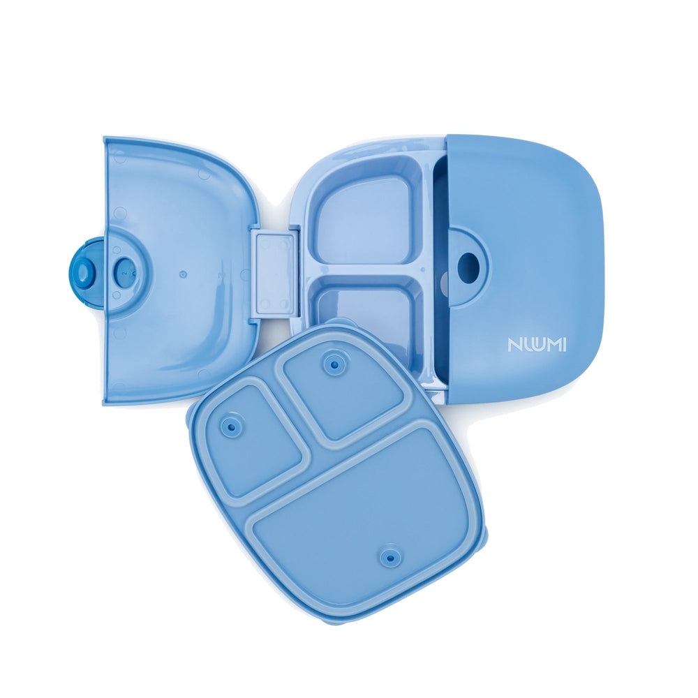 Nuumi lunch box with stickers, blue, open lid reveals divided compartments
