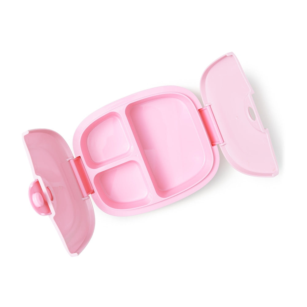 Nuumi lunch box by Baby Enroute, pink 3-compartment plastic container with stickers
