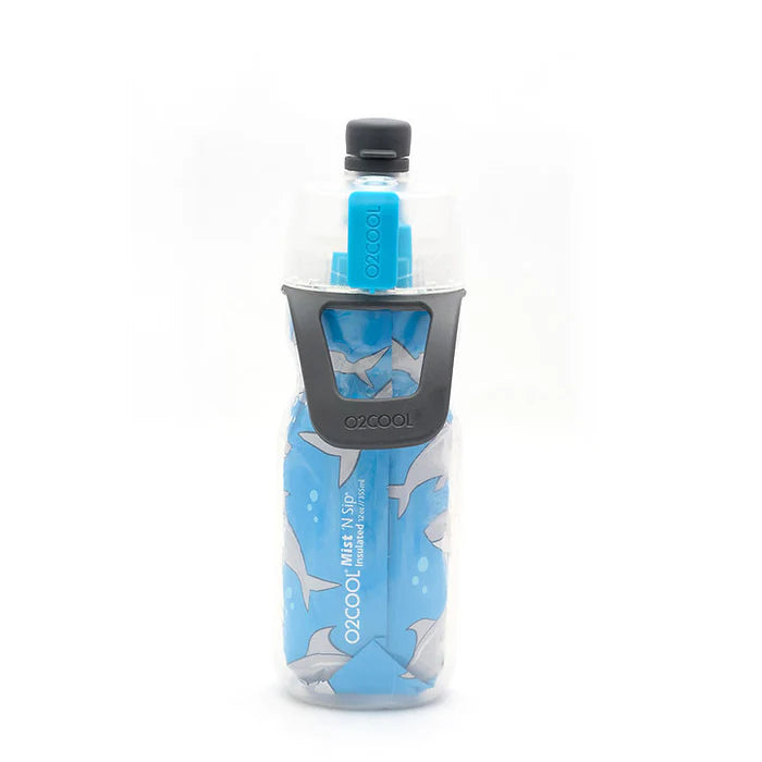 O2Cool 12 oz Kid's Mist 'N Sip 2-in-1 Misting Water Bottle - Sharks three-quarter view