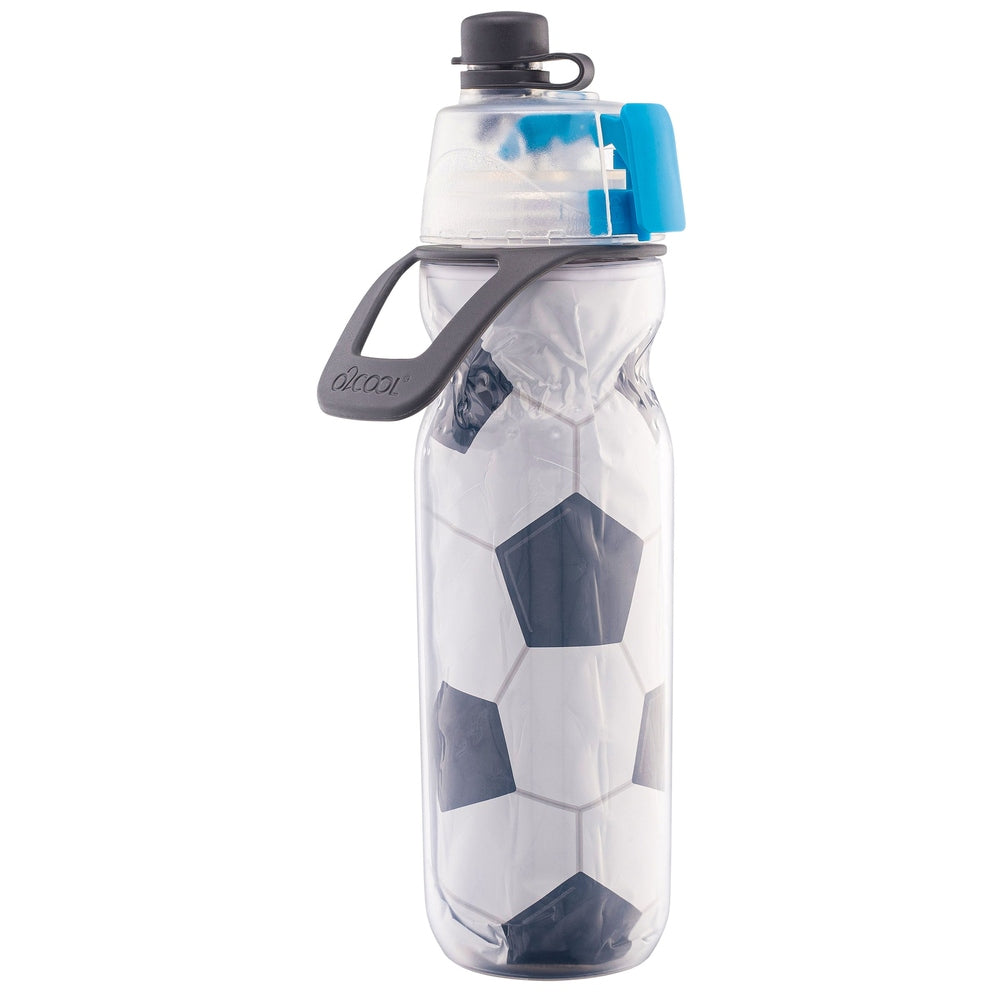 O2Cool 20 oz Mist 'N Sip 2-in-1 Misting Water Bottle - Soccer three-quarter view