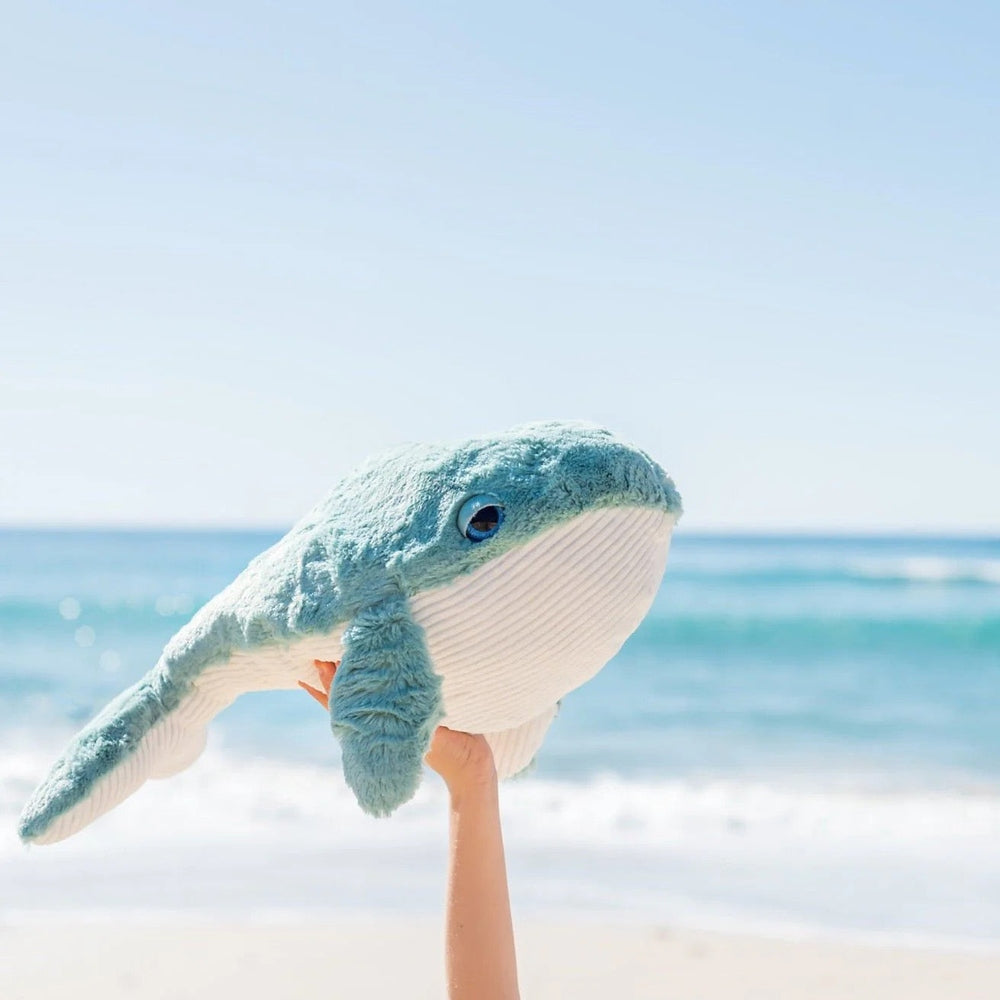 OB Designs Hurley whale plush toy, large 20.5in blue plush with white belly