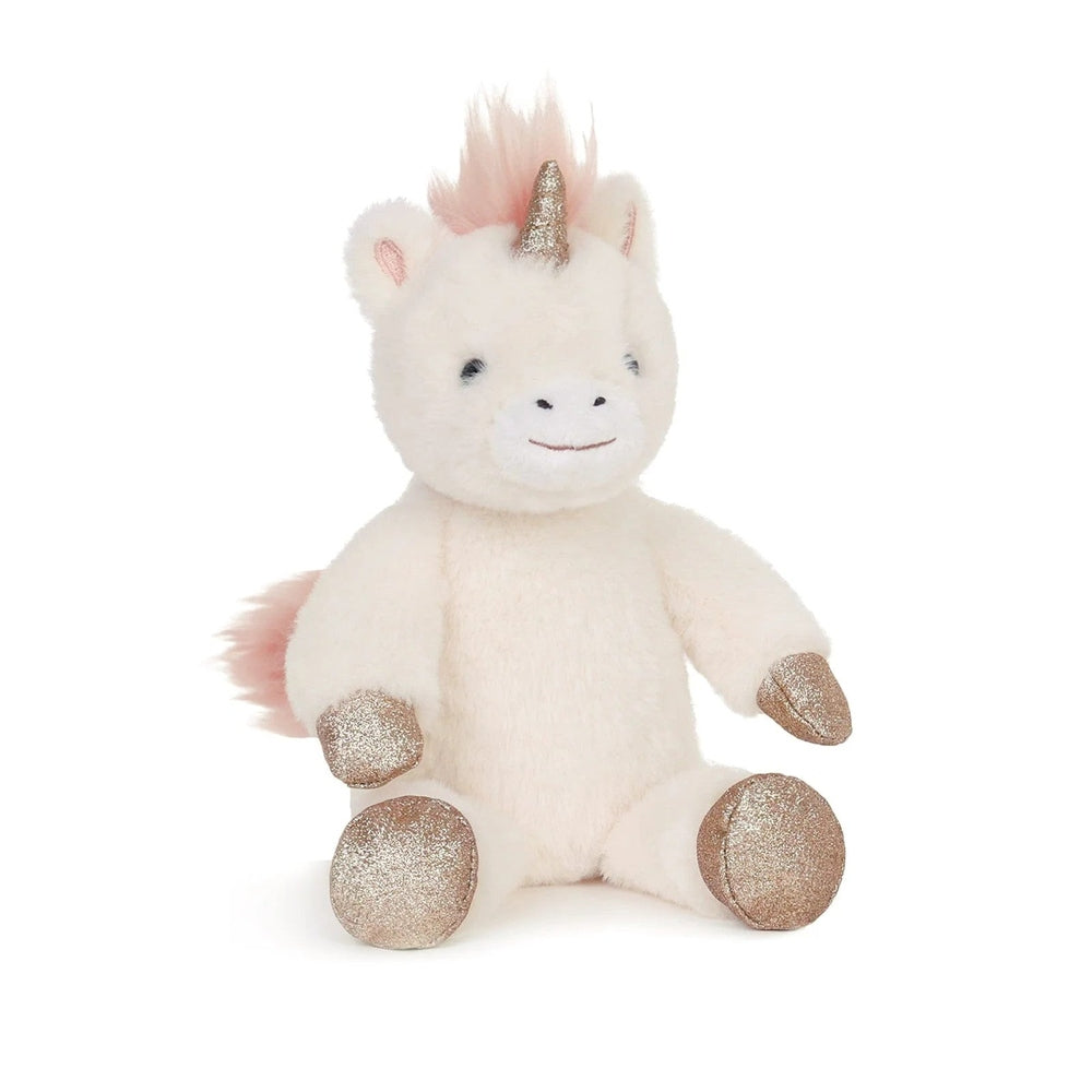 Unicorn plush toy OB Designs Misty, cream vegan-angora with glitter gold horn and hooves, pink mane