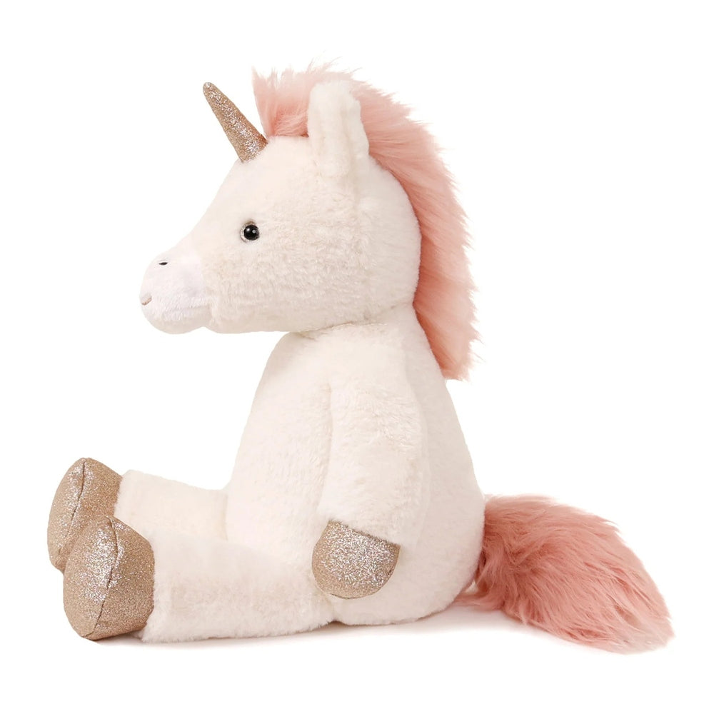 Unicorn plush Misty Unicorn by OB Designs; white vegan-angora body, pink mane, glitter gold horn, 14 inches
