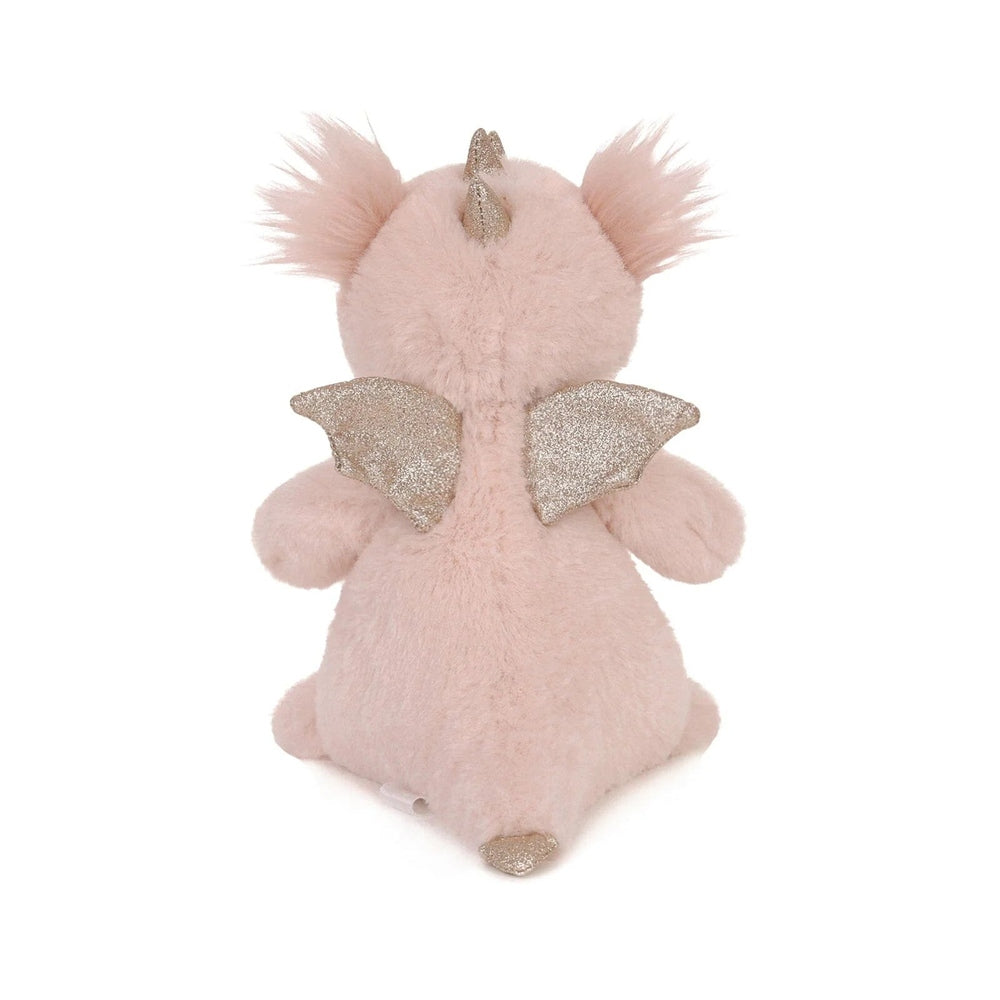 OB Designs Sparkles Dragon plush toy, vegan angora, pink stuffed dragon with glitter gold wings and horn, 7.8in