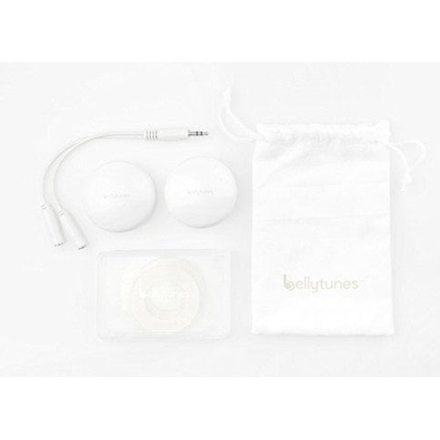 Olababy Bellytunes Prenatal Earbud Adapter System in white with two pods attached to a cable, kept beside a storage pouch