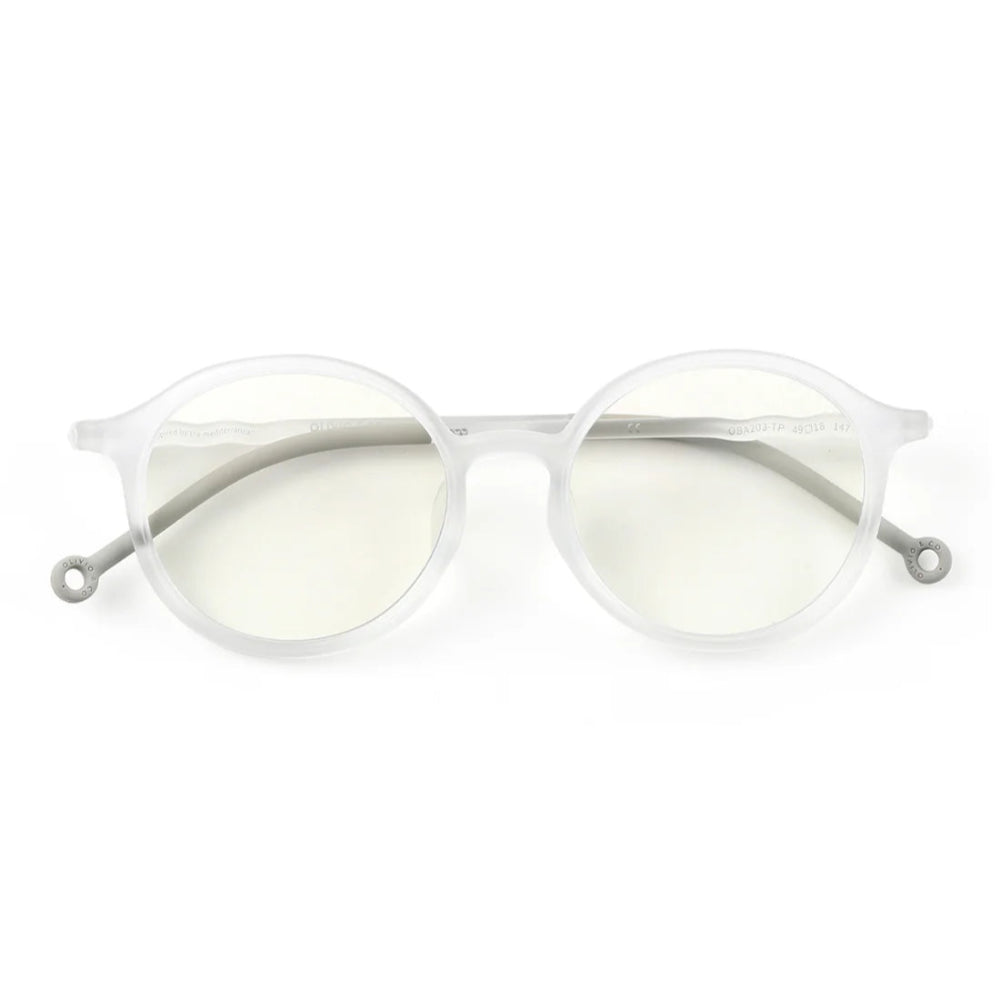 Olivio & Co Oval Screen Glasses Adult Jellyfish White with translucent frames and gray temple tips, shown flat.