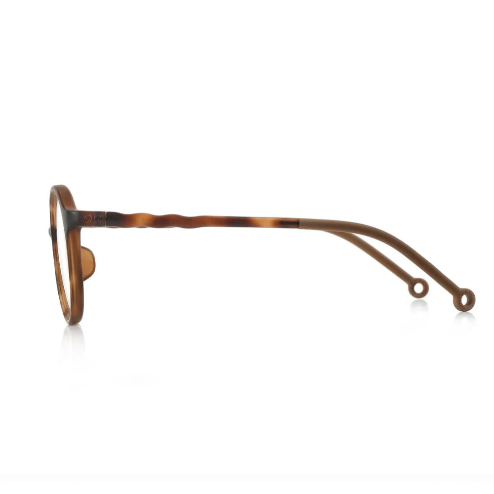 Olivio & Co Oval Screen Glasses in tortoiseshell, side view showing slim tortoise temples.