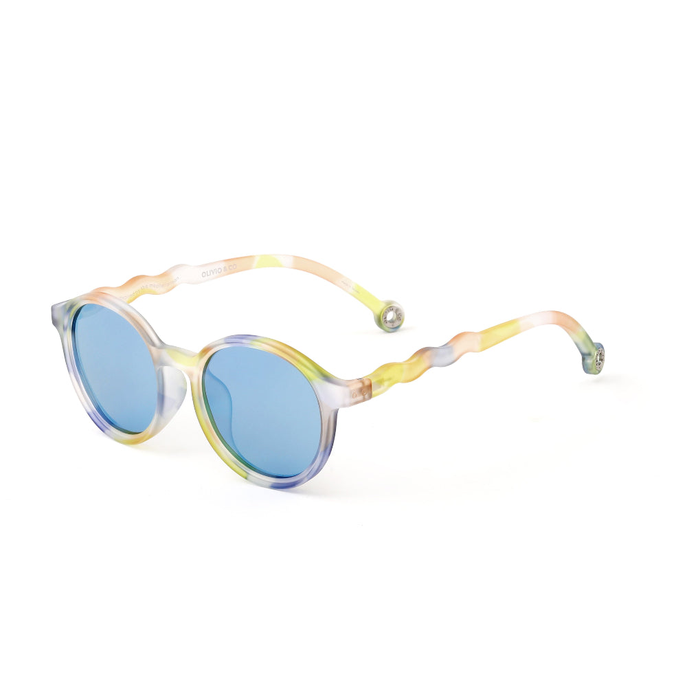Olivio & Co oval sunglasses with pastel rainbow translucent frame and blue mirrored lenses