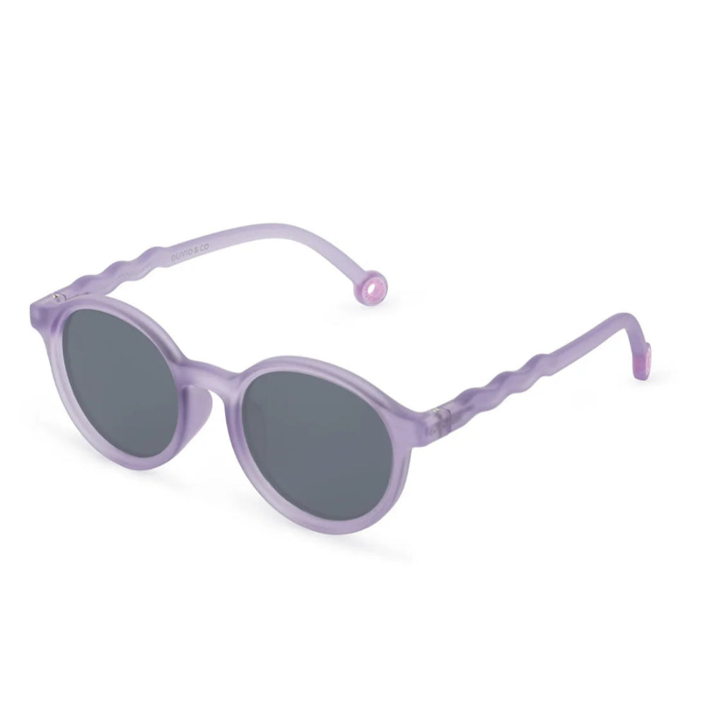 Olivio & Co oval kids sunglasses, purple shell frame, dark gray lenses