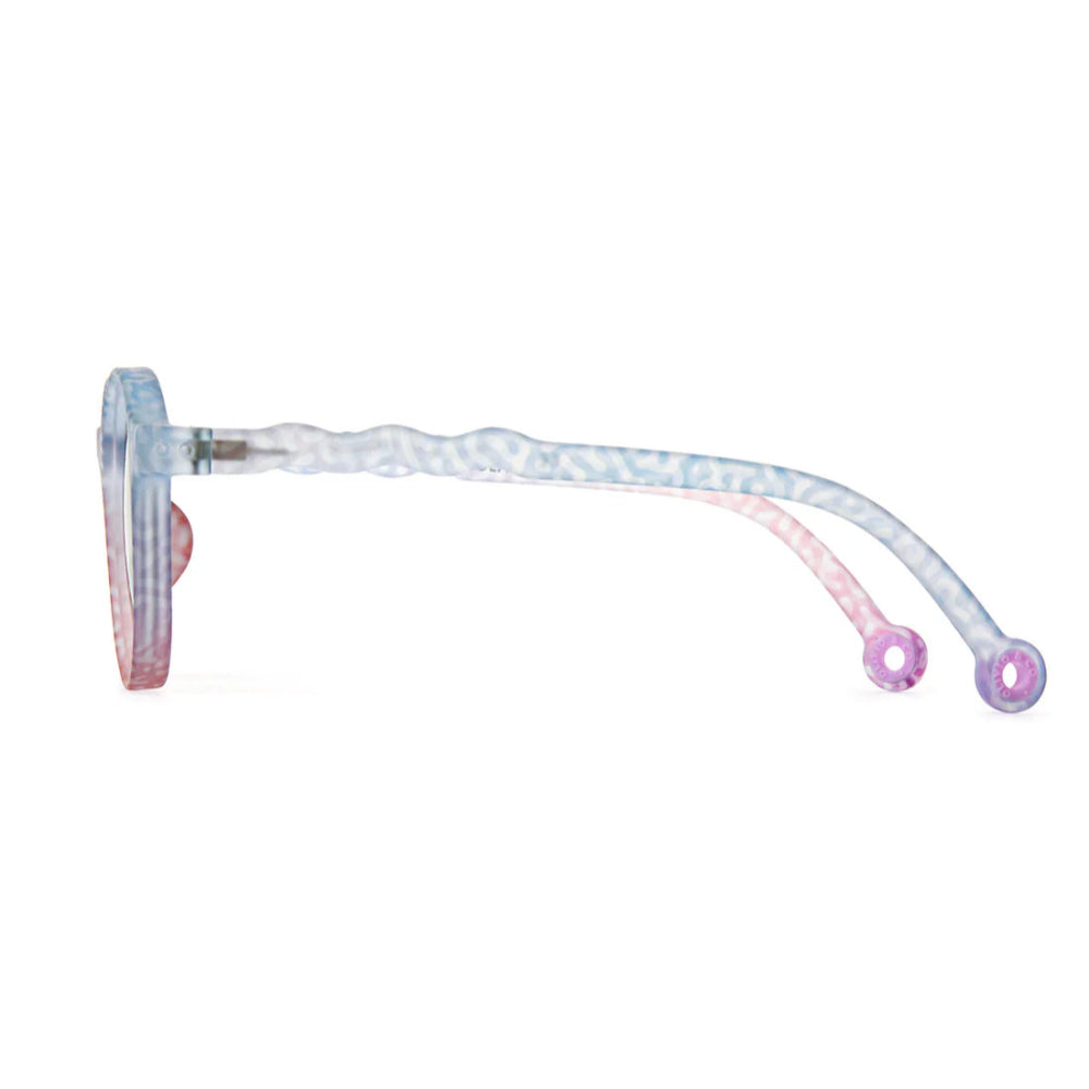 Olivio & Co Oval Sunglasses Junior+ Coral Reef Coral Fantasy worn by a child, pastel twisted arms in blue-pink gradient
