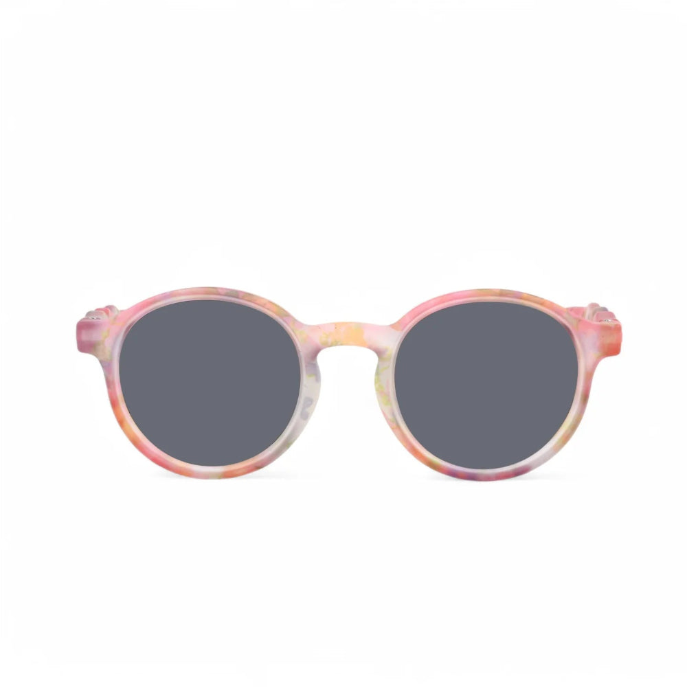 Olivio & Co oval kids sunglasses in pink floral Flower Stall pattern with dark gray lenses