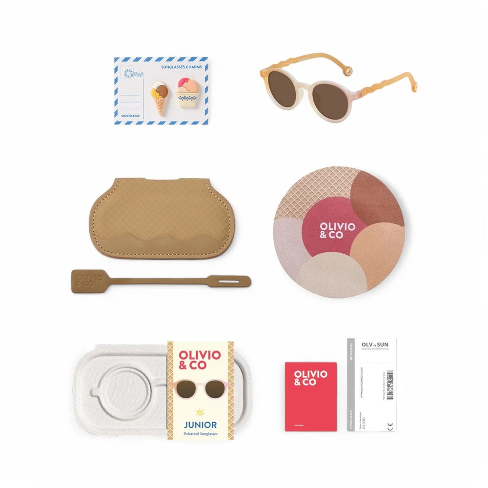 Olivio & Co junior oval sunglasses kit including tan textured case, cleaning tool, round gelato palette, and packaging cards (8 pieces)