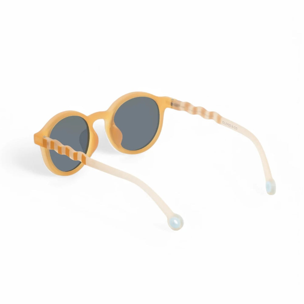 Olivio & Co oval kids sunglasses in yellow frame with blue lenses and striped arms