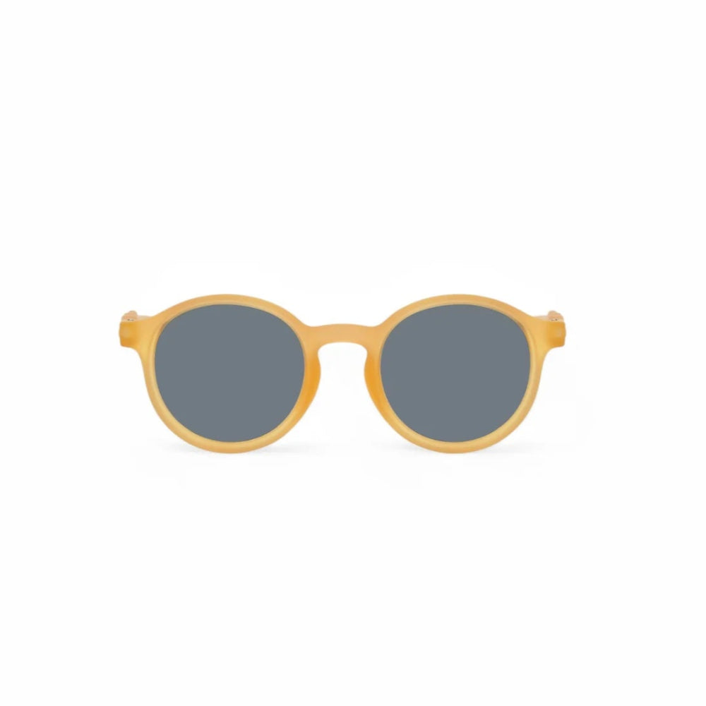 OLIVIO & CO oval kids sunglasses, vacation yellow frame with blue-gray lenses.
