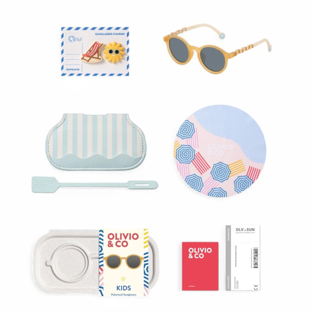 OLIVIO & CO oval kids sunglasses in vacation yellow with seaside stripes; includes striped case and accessories