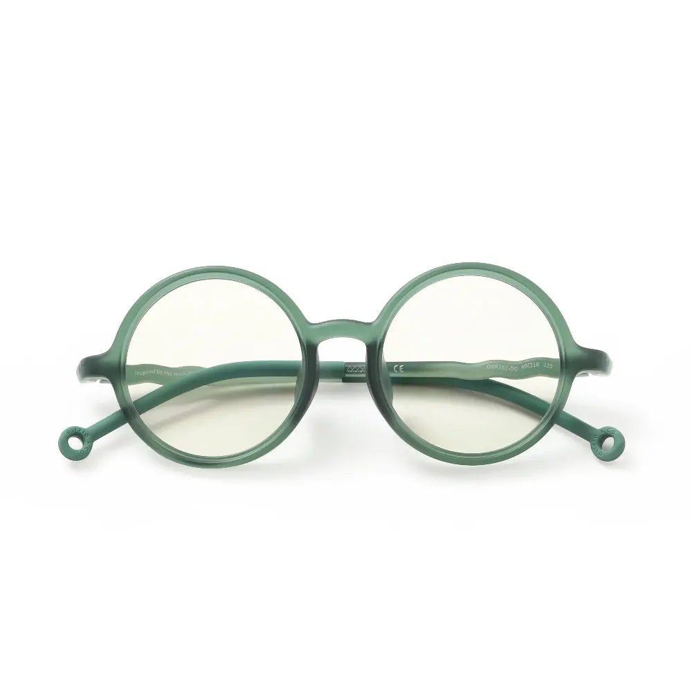 Olivio & Co Round Screen Glasses Kids/Junior Seaweed Green laid flat to display lightweight plastic frames.