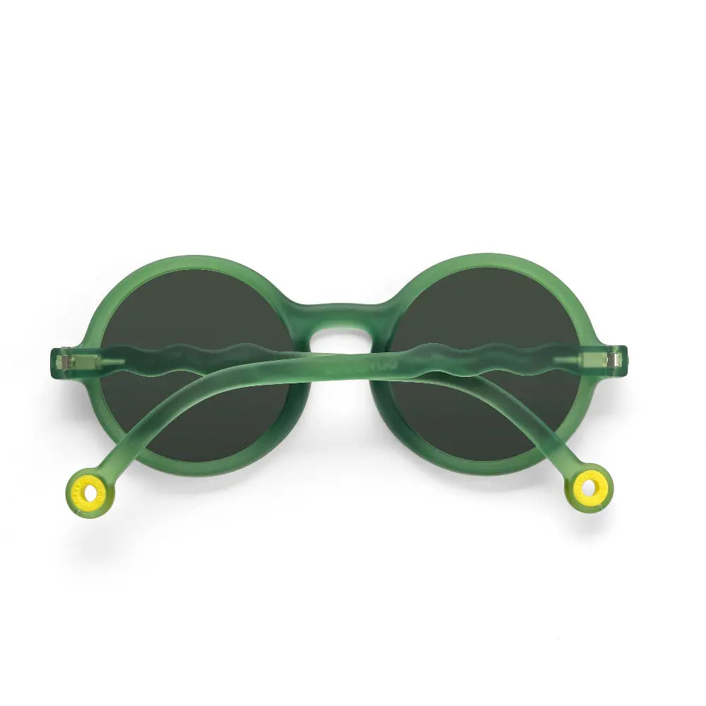 Olivio & Co Round Sunglasses Junior+ Classic Olivio Olive Green; green round frames with dark lenses and yellow temple tips